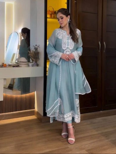 Powder Blue Organza Silk Embroidered Straight Suit - BONYHUBSALWAR KAMEEZ