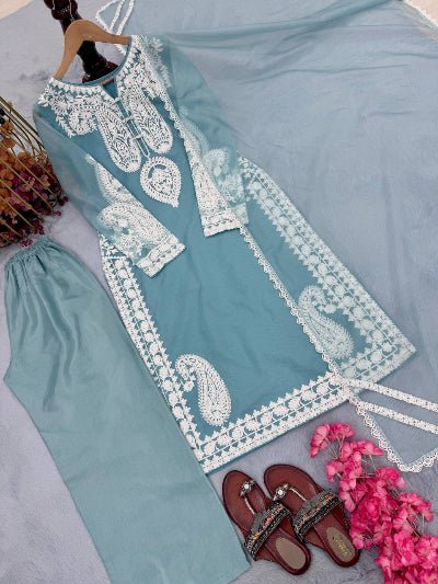 Powder Blue Organza Silk Embroidered Straight Suit - BONYHUBSALWAR KAMEEZ