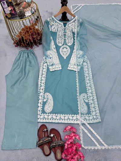 Powder Blue Organza Silk Embroidered Straight Suit - BONYHUBSALWAR KAMEEZ