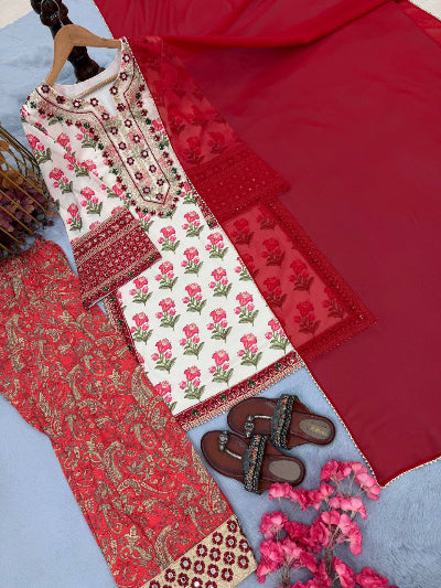 Red &amp; White Floral Designer Farshi Suit Set