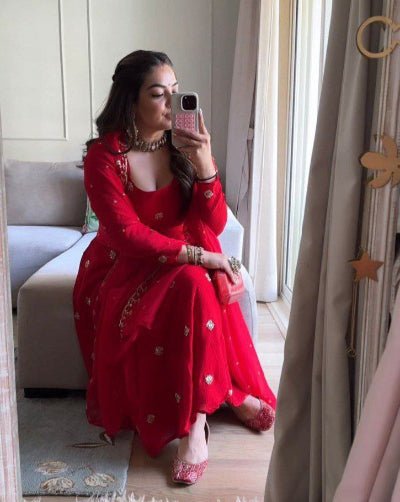 Red Georgette Moti Work Anarkali Suit Set - BONYHUBSALWAR KAMEEZ