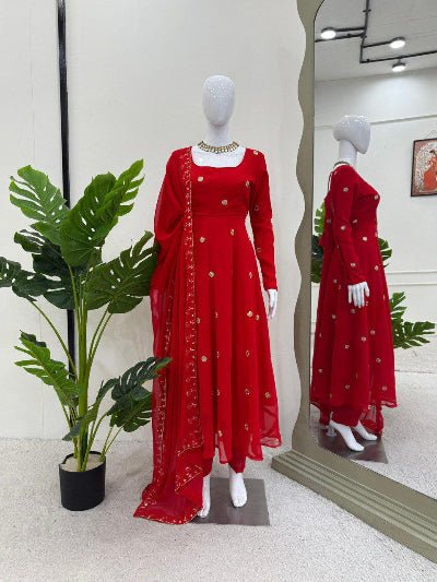 Red Georgette Moti Work Anarkali Suit Set - BONYHUBSALWAR KAMEEZ