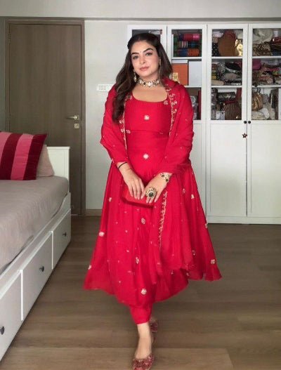 Red Georgette Moti Work Anarkali Suit Set - BONYHUBSALWAR KAMEEZ
