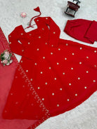 Red Georgette Moti Work Anarkali Suit Set - BONYHUBSALWAR KAMEEZ