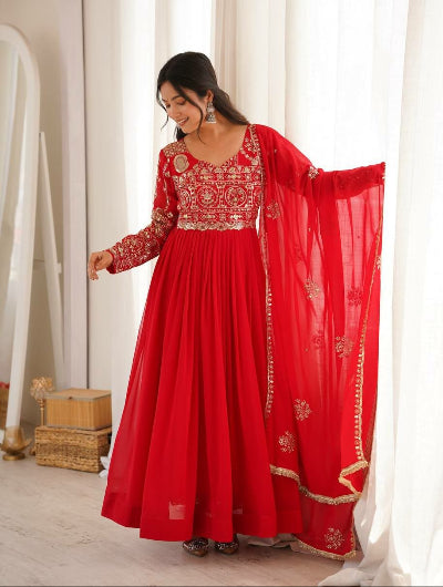 Festive Red Sequin Embroidered Georgette Anarkali Gown Set