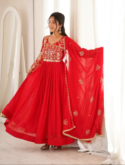 Festive Red Sequin Embroidered Georgette Anarkali Gown Set