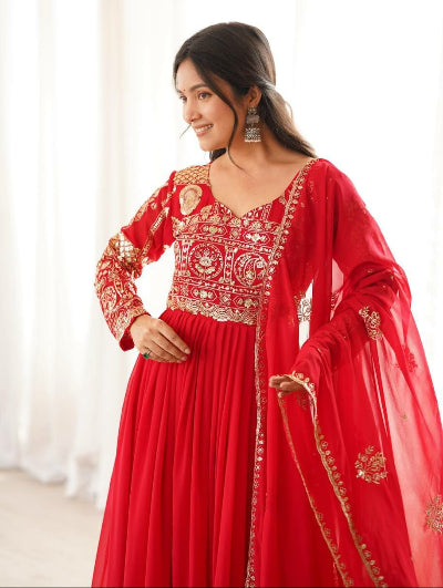 Festive Red Sequin Embroidered Georgette Anarkali Gown Set