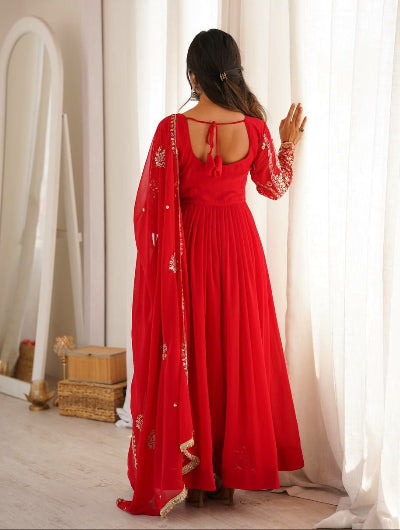 Festive Red Sequin Embroidered Georgette Anarkali Gown Set