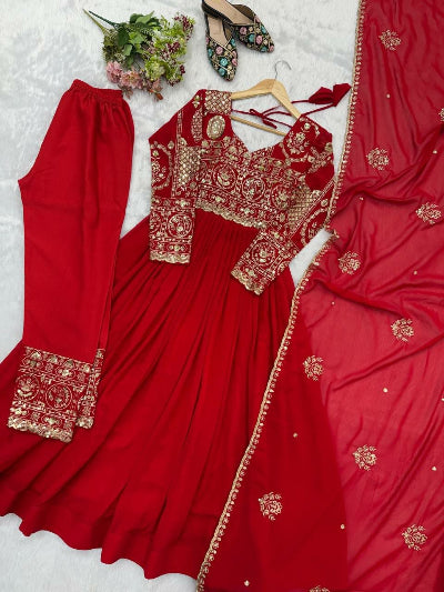 Festive Red Sequin Embroidered Georgette Anarkali Gown Set