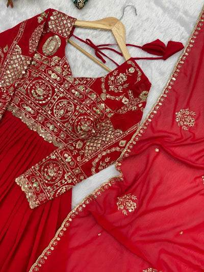 Festive Red Sequin Embroidered Georgette Anarkali Gown Set