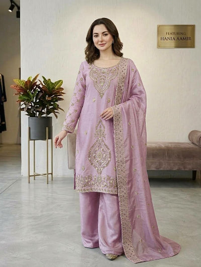 Muted Pink Tissue Silk Embroidery Beads Work Palazzo Suit