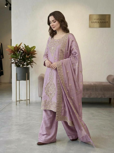 Muted Pink Tissue Silk Embroidery Beads Work Palazzo Suit