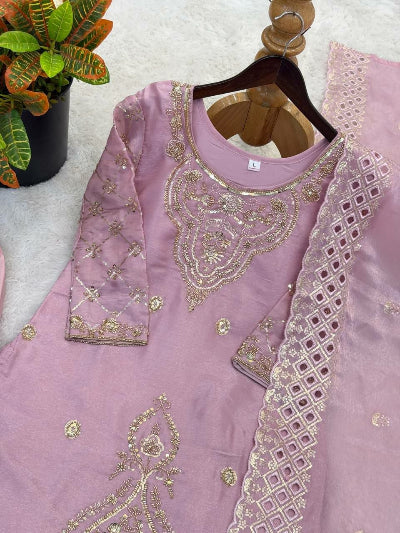 Muted Pink Tissue Silk Embroidery Beads Work Palazzo Suit