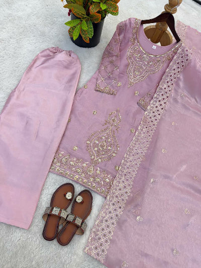 Muted Pink Tissue Silk Embroidery Beads Work Palazzo Suit