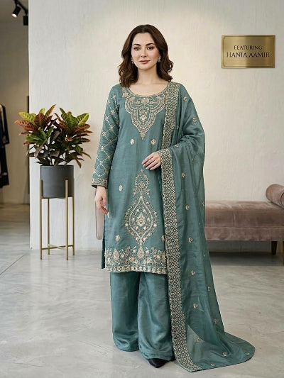 Ice Blue Tissue Silk Embroidery Beads Work Palazzo Suit
