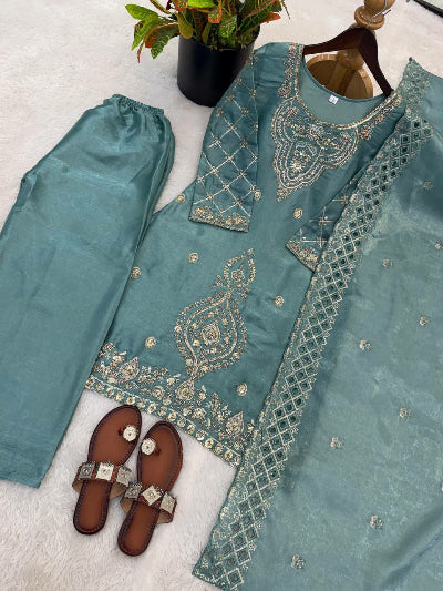 Ice Blue Tissue Silk Embroidery Beads Work Palazzo Suit