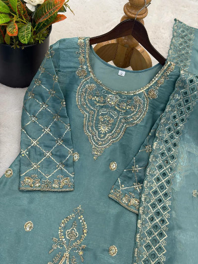 Ice Blue Tissue Silk Embroidery Beads Work Palazzo Suit