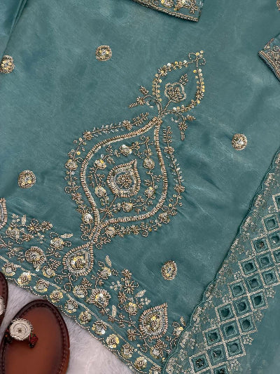 Ice Blue Tissue Silk Embroidery Beads Work Palazzo Suit
