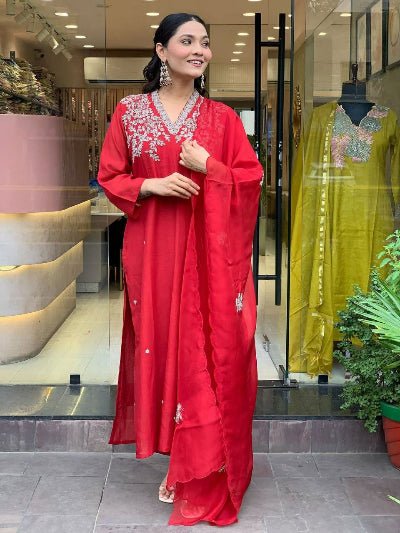 Red Chanderi Embroidery Work Salwar Suit Set - BONYHUBSALWAR KAMEEZ