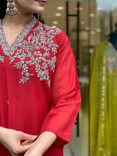 Red Chanderi Embroidery Work Salwar Suit Set - BONYHUBSALWAR KAMEEZ