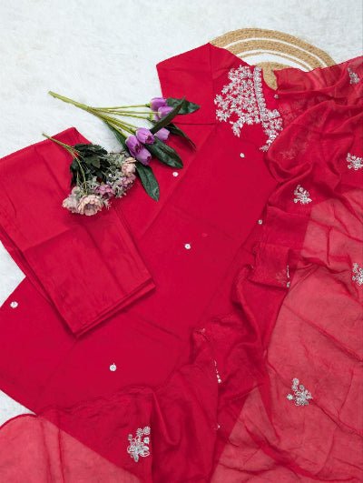 Red Chanderi Embroidery Work Salwar Suit Set - BONYHUBSALWAR KAMEEZ