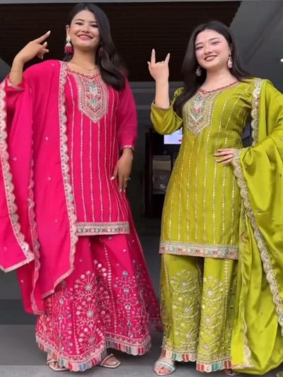 Luxury Chinon Silk Sharara Palazzo Suit Set - BONYHUBSALWAR KAMEEZ