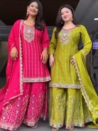 Luxury Chinon Silk Sharara Palazzo Suit Set - BONYHUBSALWAR KAMEEZ