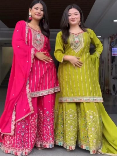 Luxury Chinon Silk Sharara Palazzo Suit Set - BONYHUBSALWAR KAMEEZ