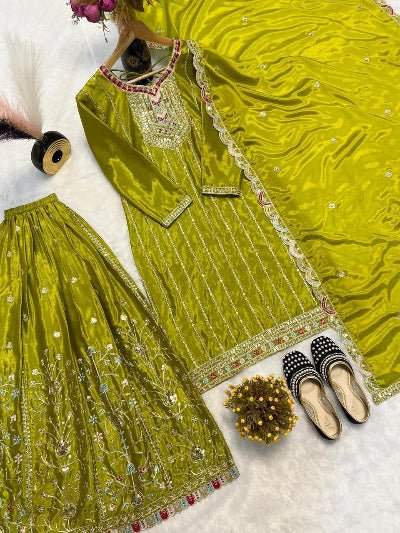 Luxury Chinon Silk Sharara Palazzo Suit Set - BONYHUBSALWAR KAMEEZ