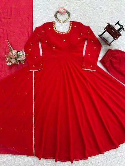 Red Georgette Handwork Anarkali Suit Set - BONYHUBSALWAR KAMEEZ