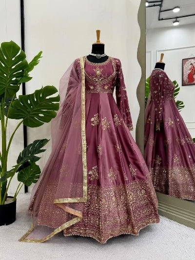 Plum Designer Anarkali Gown with Dupatta Set Of 2 - BONYHUBSALWAR KAMEEZ