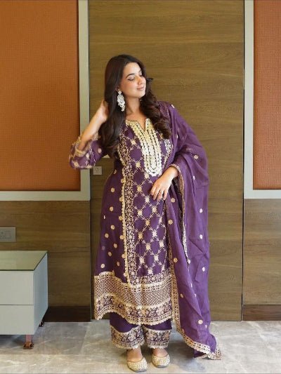 Purple Royale Chinon Silk Embroidered Palazzo Suit - BONYHUBSALWAR KAMEEZ