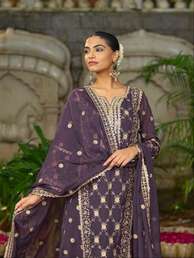 Purple Royale Chinon Silk Embroidered Palazzo Suit - BONYHUBSALWAR KAMEEZ