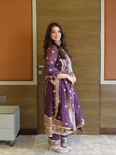 Purple Royale Chinon Silk Embroidered Palazzo Suit - BONYHUBSALWAR KAMEEZ