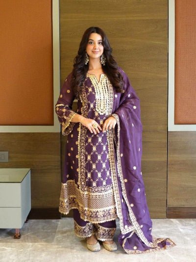 Purple Royale Chinon Silk Embroidered Palazzo Suit - BONYHUBSALWAR KAMEEZ
