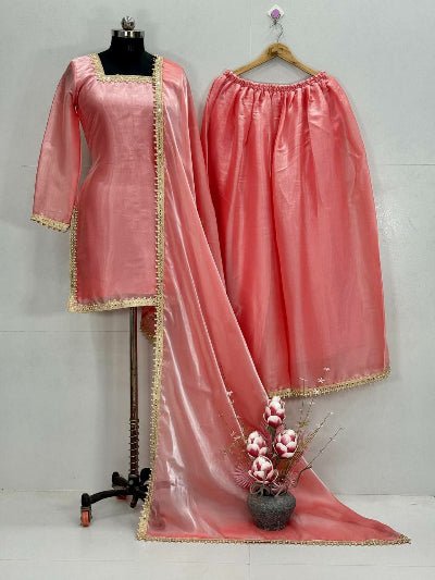 Peach Gold Fendi Silk Embroidery Sharara Set - BONYHUBSALWAR KAMEEZ