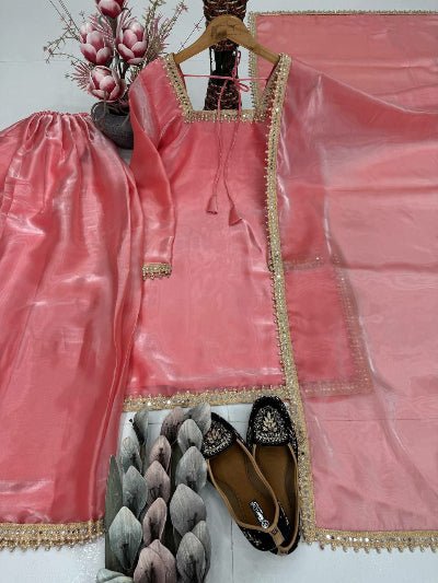 Peach Gold Fendi Silk Embroidery Sharara Set - BONYHUBSALWAR KAMEEZ