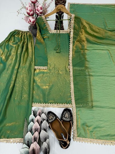 Green Gold Fendi Silk Embroidery Sharara Set - BONYHUBSALWAR KAMEEZ