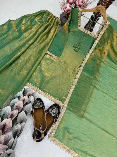 Green Gold Fendi Silk Embroidery Sharara Set - BONYHUBSALWAR KAMEEZ