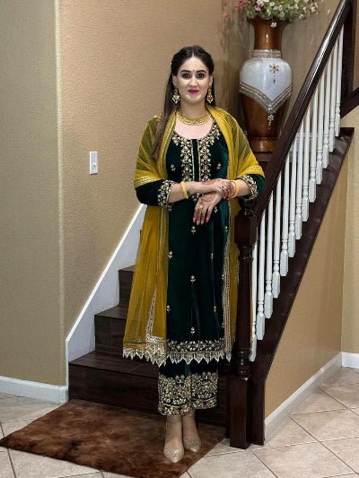 Dark Green Velvet Embroidery Suit with Yellow Dupatta - BONYHUBSALWAR KAMEEZ