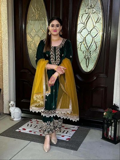 Dark Green Velvet Embroidery Suit with Yellow Dupatta - BONYHUBSALWAR KAMEEZ