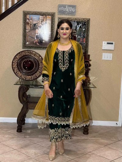 Dark Green Velvet Embroidery Suit with Yellow Dupatta - BONYHUBSALWAR KAMEEZ