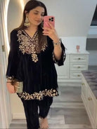 Black Velvet Stylish Embroidered Kurti Pant Set Of 2 - BONYHUBSALWAR KAMEEZ