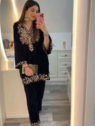 Black Velvet Stylish Embroidered Kurti Pant Set Of 2 - BONYHUBSALWAR KAMEEZ