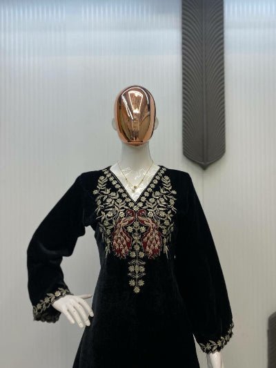 Black Velvet Stylish Embroidered Kurti Pant Set Of 2 - BONYHUBSALWAR KAMEEZ