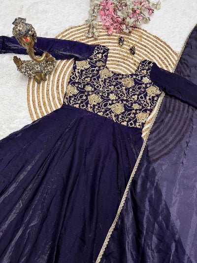 Navy Blue Silk Blend Gown Dupatta Set Of 2 - BONYHUBSALWAR KAMEEZ