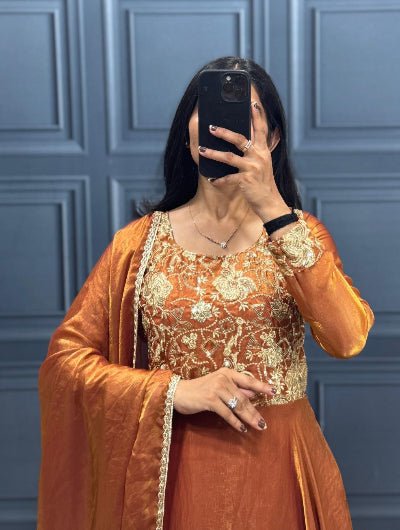 Copper Orange Silk Blend Gown Dupatta Set Of 2 - BONYHUBSALWAR KAMEEZ