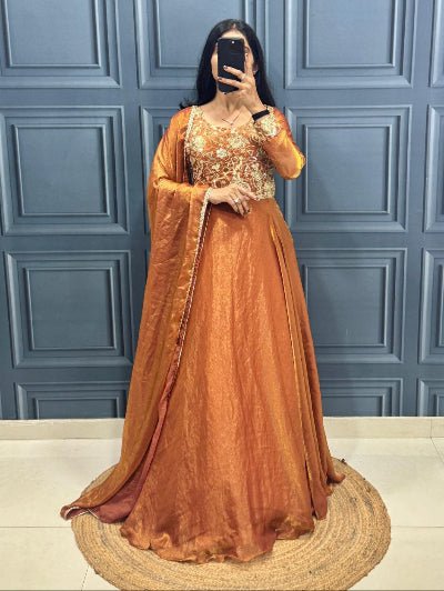 Copper Orange Silk Blend Gown Dupatta Set Of 2 - BONYHUBSALWAR KAMEEZ