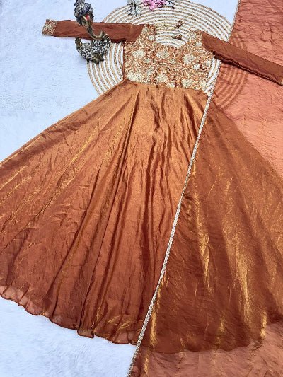 Copper Orange Silk Blend Gown Dupatta Set Of 2 - BONYHUBSALWAR KAMEEZ