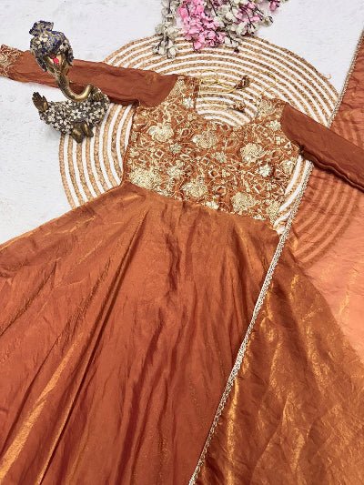Copper Orange Silk Blend Gown Dupatta Set Of 2 - BONYHUBSALWAR KAMEEZ